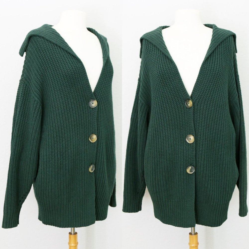 Free People Swim Too Deep Collar Longline Cardi Cardigan Hunter Green $158 XS - Picture 2 of 15